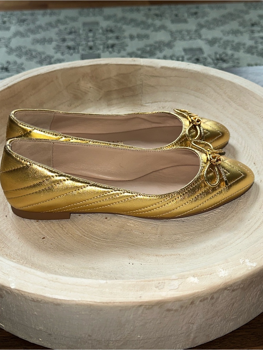 Stuart Weitzman Gold Quilted Bow Ballet Flats